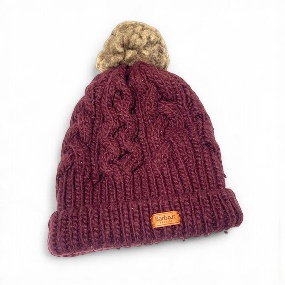 Barbour Cable Knit Hat With Faux Fur Pom-Pom Burgundy Red Acrylic Wool OS 8"x10" - Picture 1 of 8